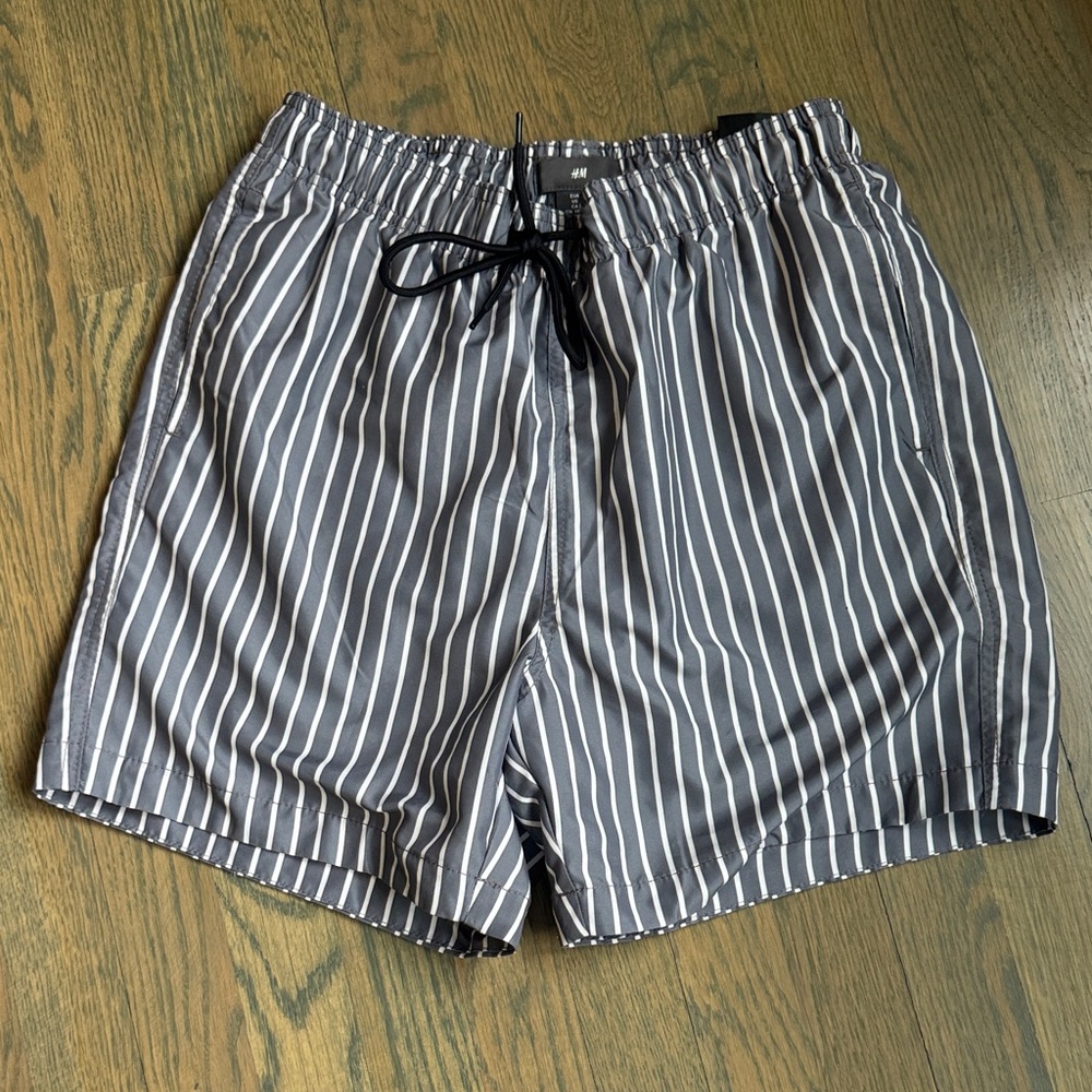 H&M Gray and White Vertical Stripe Swim Shorts
